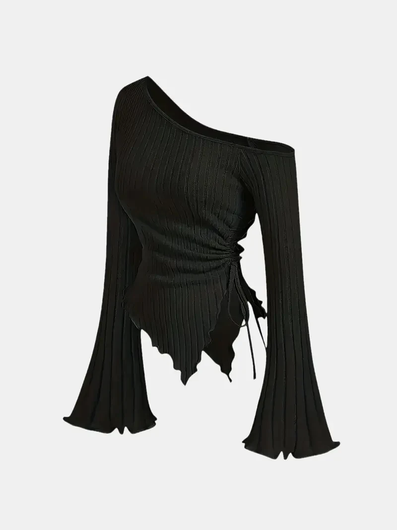 women's New off shoulder cross long sleeved slim fit casual street style asymmetrical elegant T-shirt trumpet sleeve top image 2
