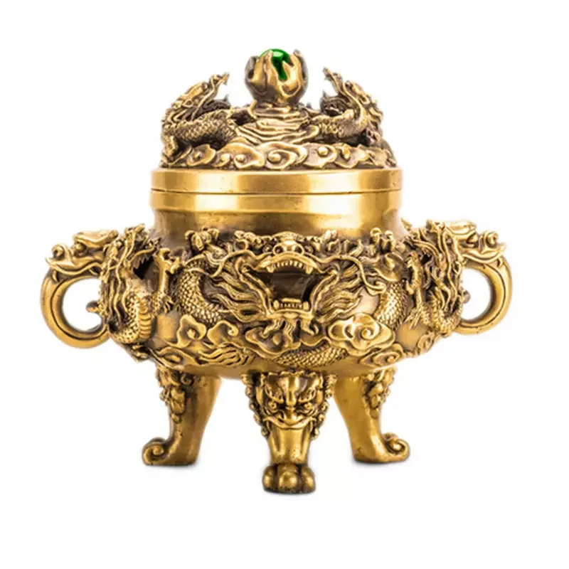 Antique Chinese Brass Dragon Incense Burner Three-legged Incense Burner Ornament