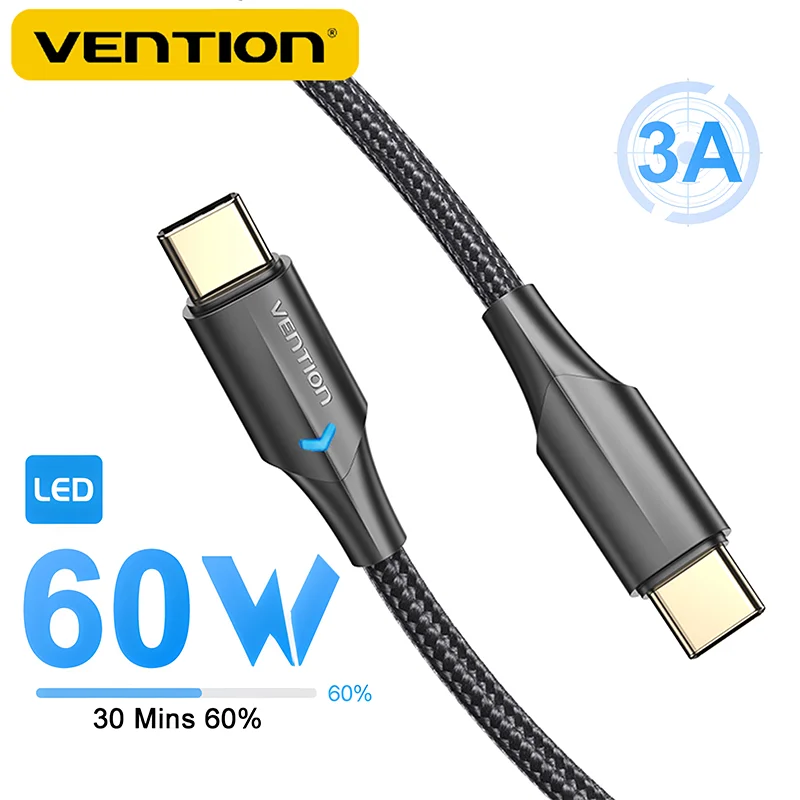 Vention PD 60W USB Type C Led Fast Charger Cable 3A E-Marker Chip Data cord Type C Braided Wire for iPhone 16 15 MacBook Samsung