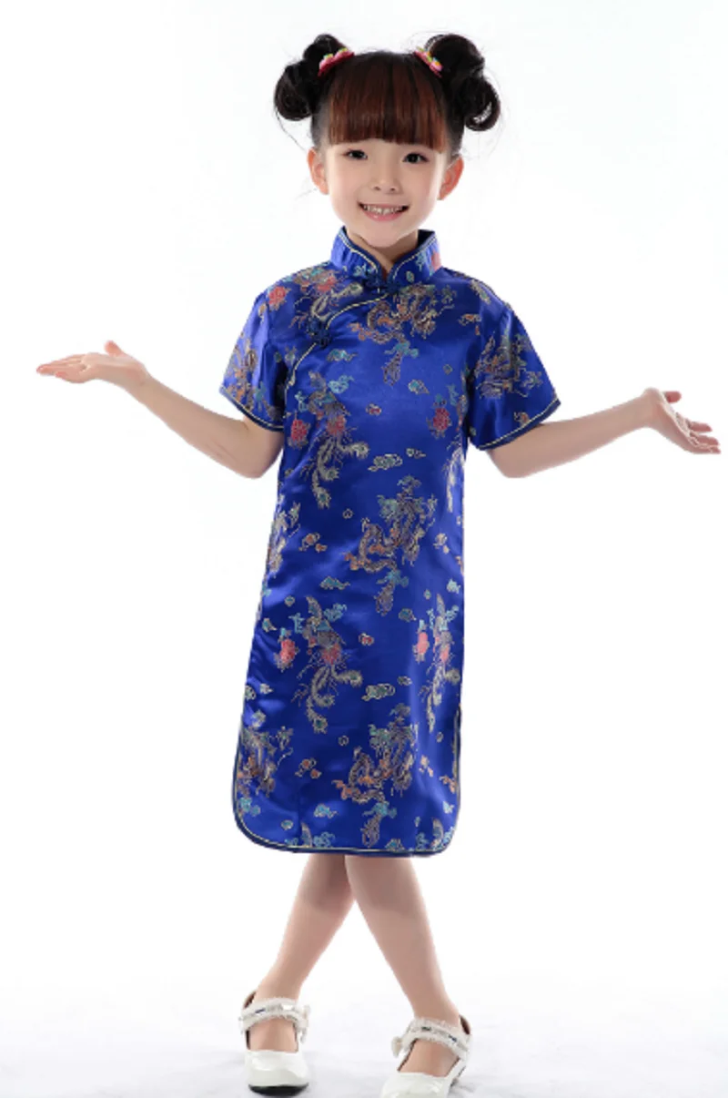 Gran oferta, nuevo traje Tang de satén de seda de alta calidad para niñas de estilo chino QiPao, disfraces Cheongsam estampados para niños, vestido de verano para niñas