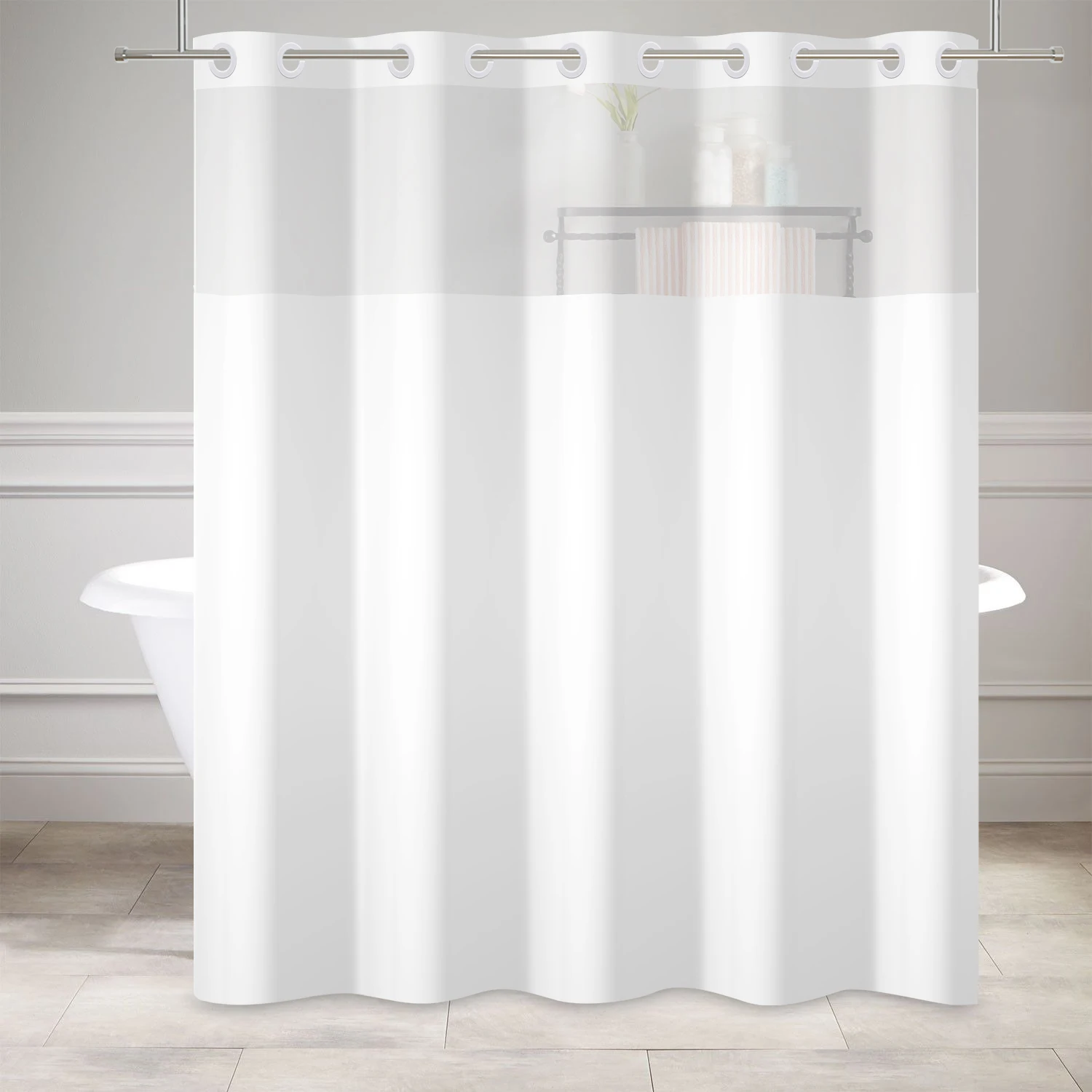 No Hook White Shower Curtain Hotel Grade Fabric with Snap in Liner for Bathroom with See Through Top Window Washable Curtain