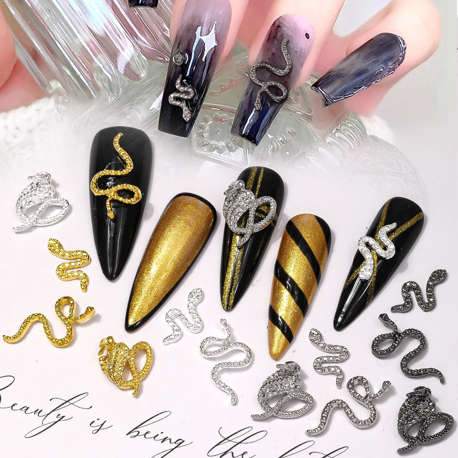 10pcs Snake Metal 3D Charm Nail Art Decorations Gold Silver Snake Pattern For Nails Punk 2025 New Nails Accessories DIY Supplies