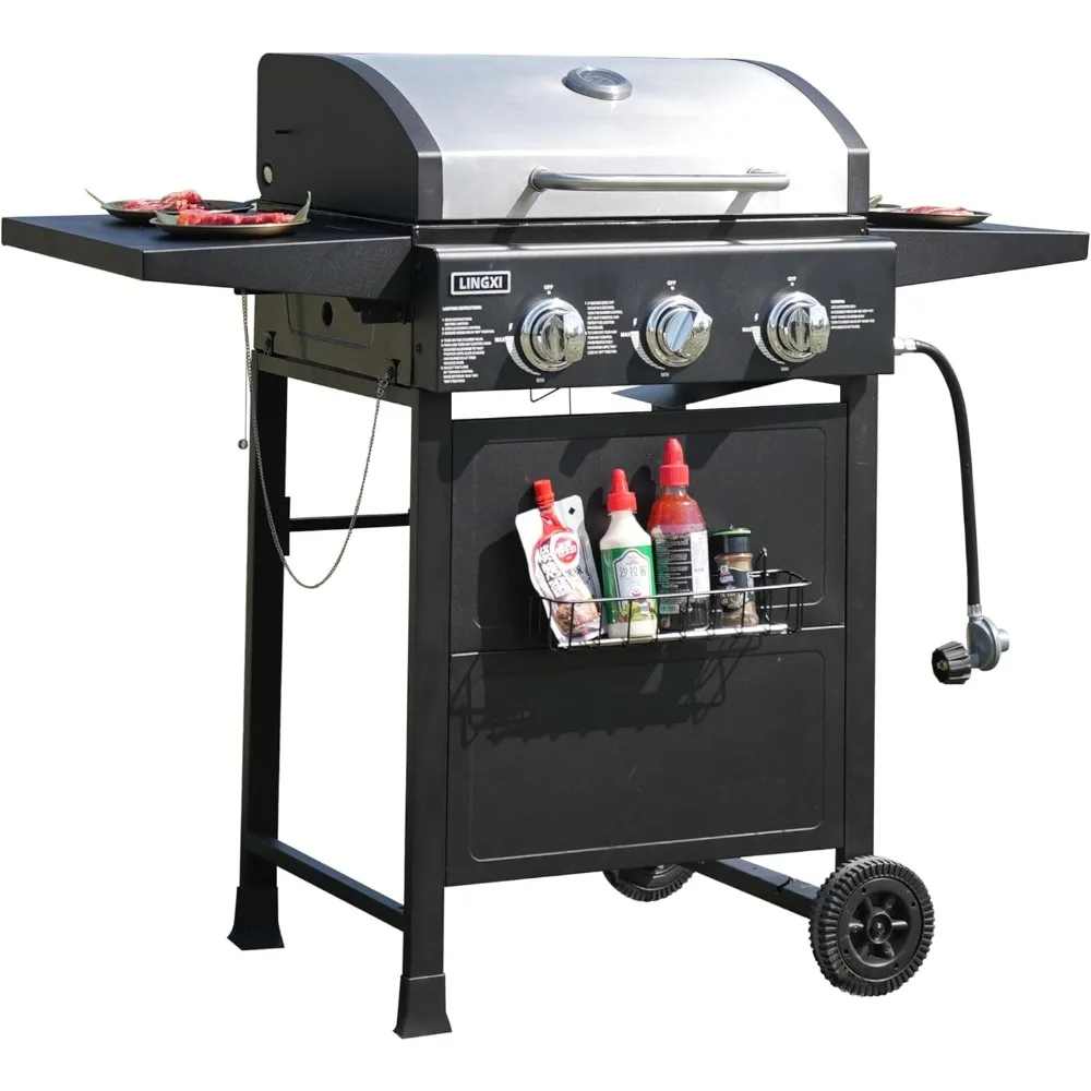 

3-Burner Propane Grill, Gas Grill with front hanging basket, 30000 BTU barbecue grill, suitable for camping, outdoor cooking