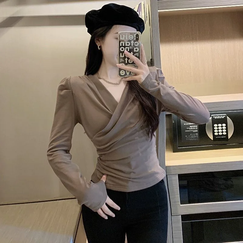 Tops Woman Plain Autumn Winter Long Sleeve T Shirt for Women Cross V Neck Japanese Vintage Fashion Clothing Female Pulovers Sale