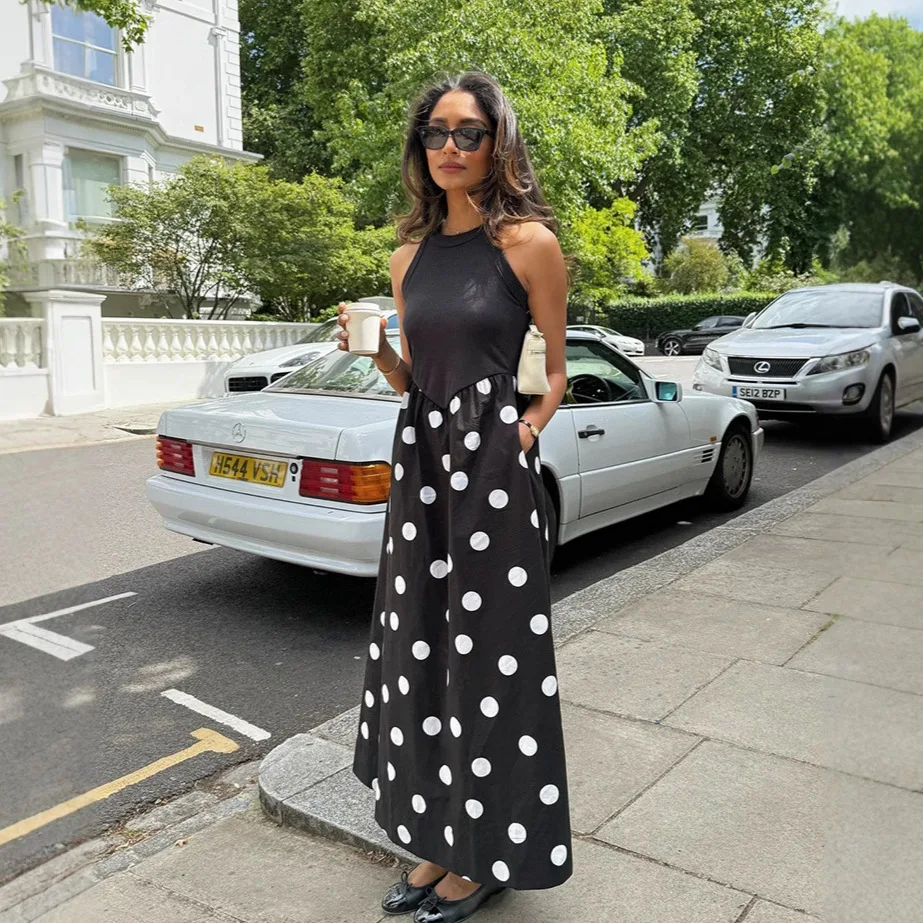 

2025 Summer Polka Dot Dress Women's Sleeveless Wrap V-Neck Dress Elegant Contrast Panel A-Line Midi Vintage Sundress Clothes New