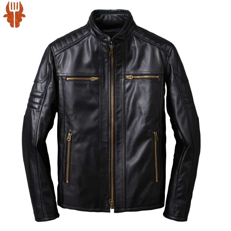 

Classical Men Genuine Leather Motorcycle Jackets 100%Top Layer Cowhide Black Biker Coat Spring Autumn Calfskin Leather Jacket