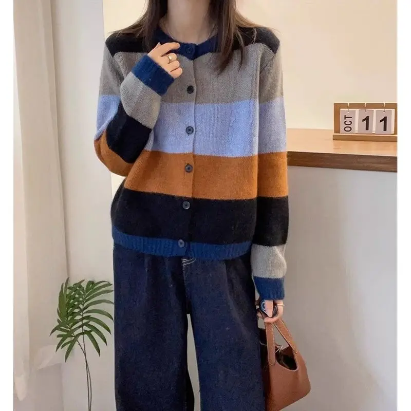 Vintage Contrasting Colors Cardigan Female Clothing Striped Loose Autumn Winter Casual O-Neck Single-breasted Knitted Sweaters