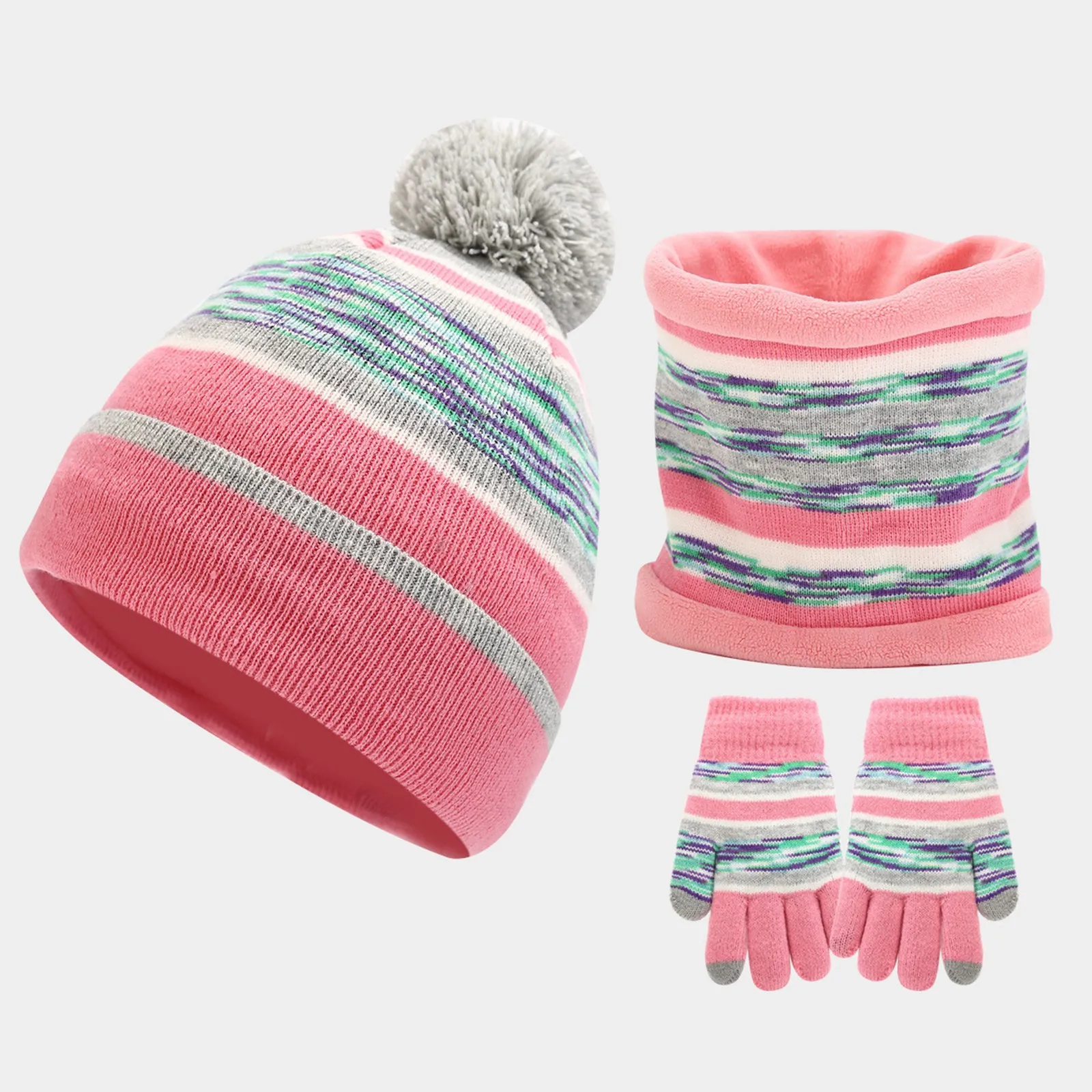 

Children Kids Winter Knitted 3 Pieces Beanie Hat Scarf Gloves Set Contrast Color Striped Thick Plush Lined Pompom Skull Cap Neck