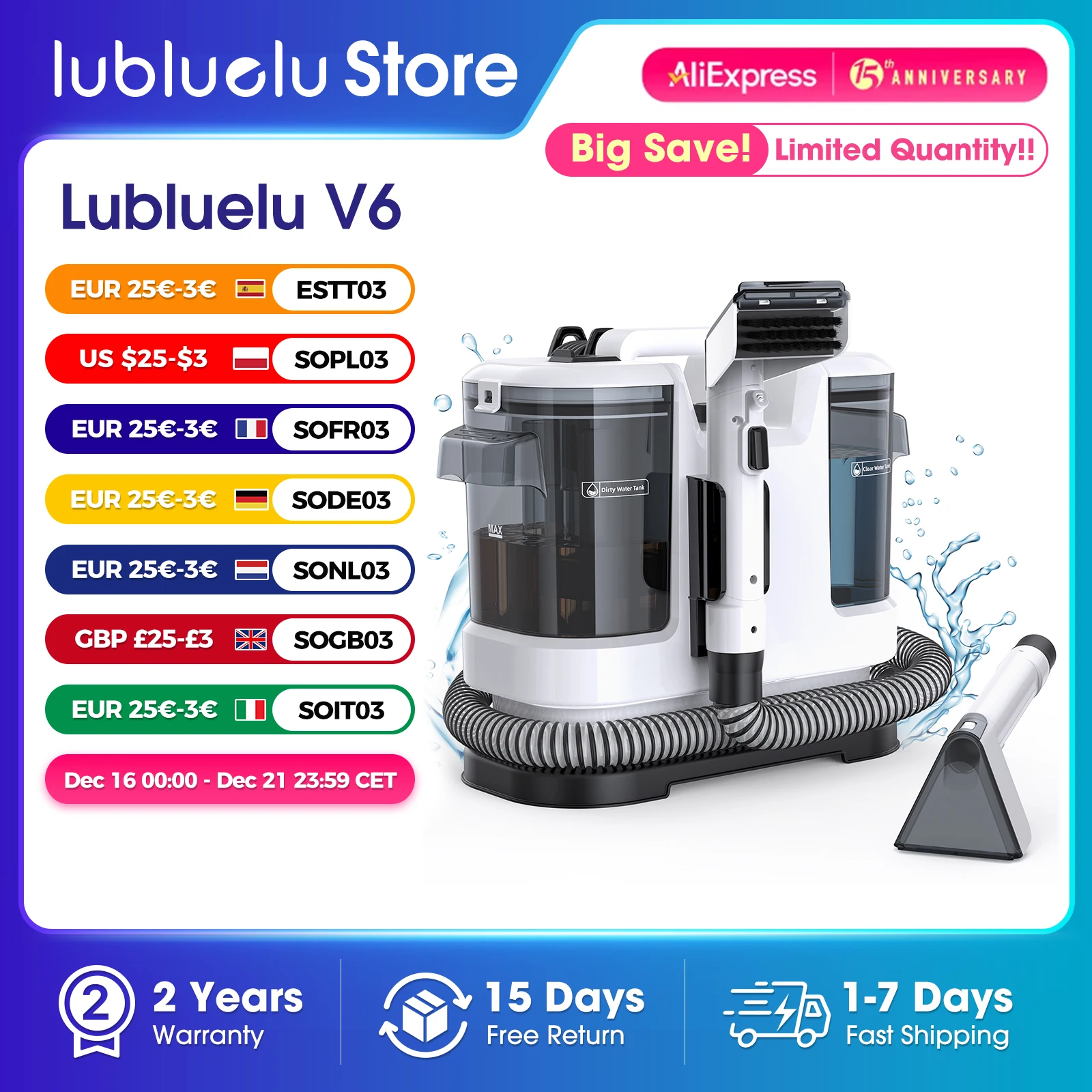 Powerful Carpet Cleaner 15kPa Lubluelu V6  w/ 1.75L Dual Tanks, 5M Cord 1.7M Hose - Deep Clean Sofa Mattress Car Seat Pet Stains