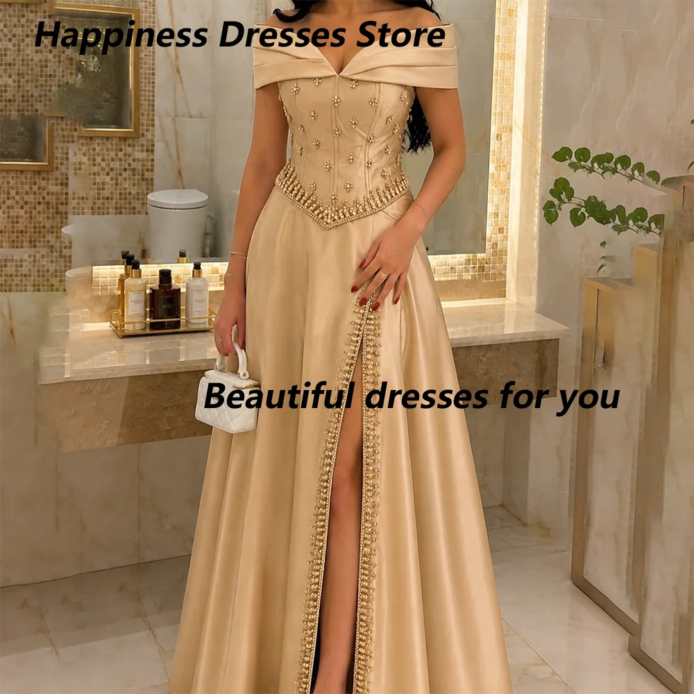 Luxury Champagne Off-Shoulder Evening Dress for Women Beaded Corset Slit Elegant Formal Gown Wedding Guest Prom Dress Customized view 2