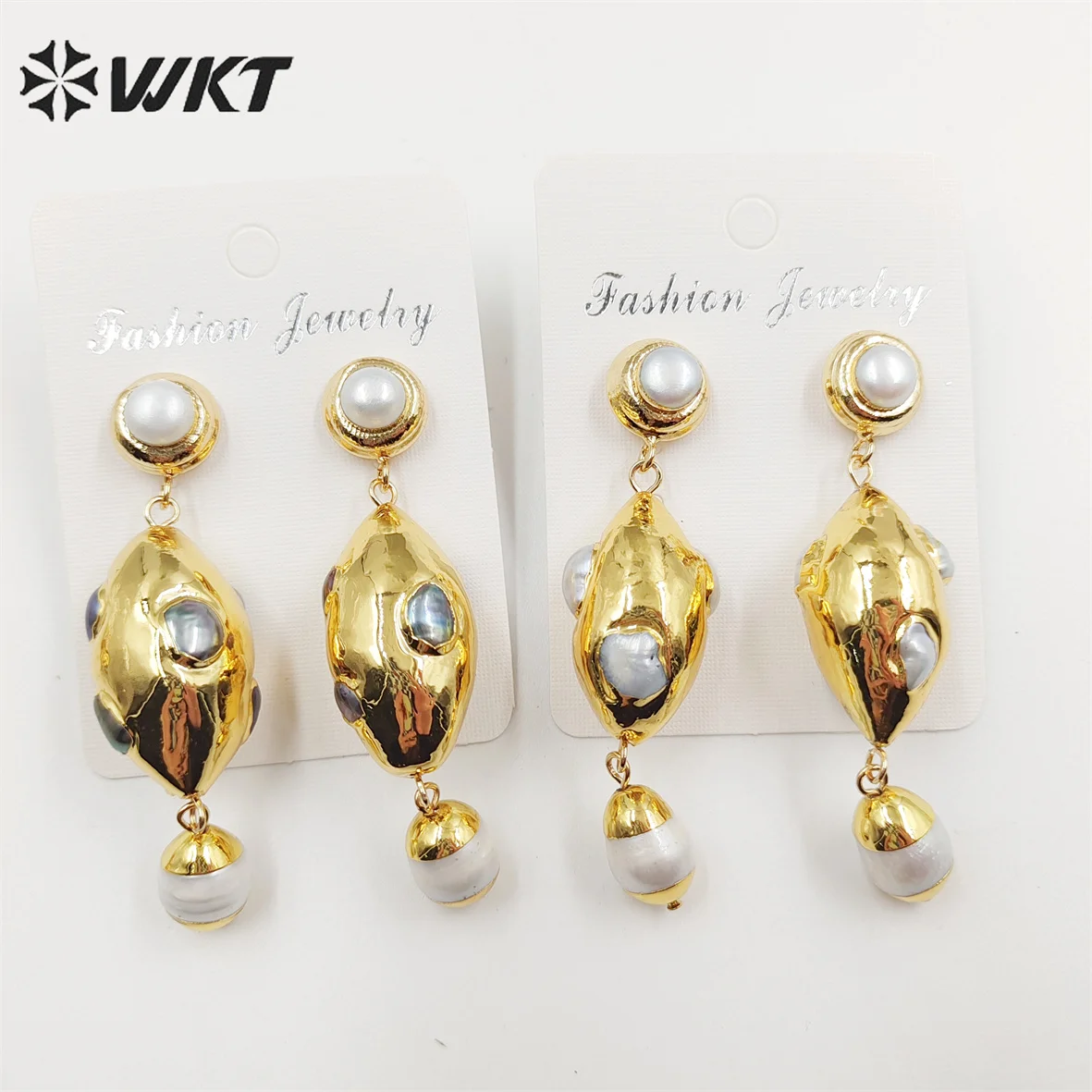 WT-MPE087 WKT New Design Oval Shape 18k Real Gold Plated Natural Pearl Earrings Lady Precious Long Dangle Handmade Wedding Studs