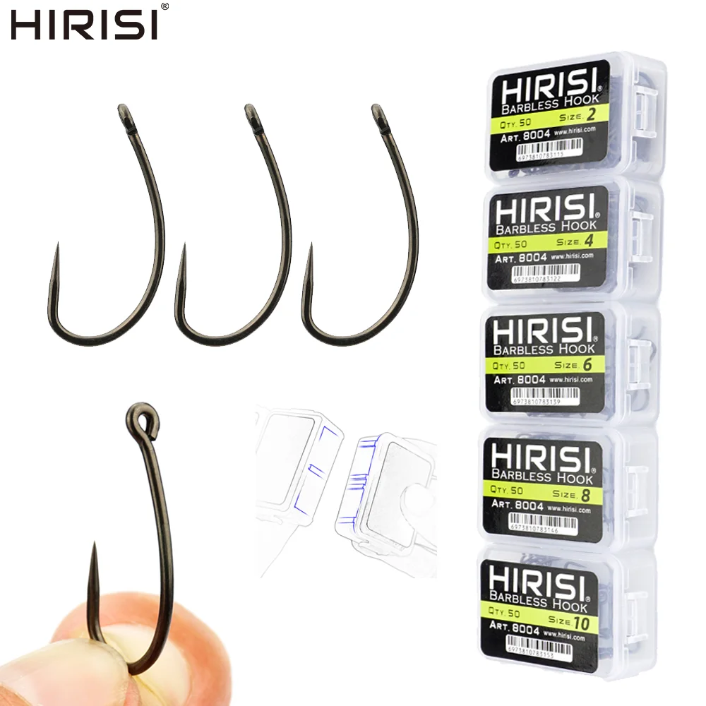 Hirisi 50/100Pcs Carp Barbless Fishing Hook Coating Non-barb Fishhooks High Carbon Steel 8004 Fishing Accessories