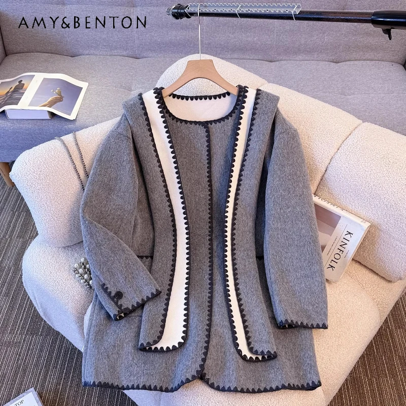 

Korean Design Wavy Edge Long Woolen Women's Coat 2025 Autumn Winter New Loose Slimming Versatile Splicing Cape Top Coats Ladies