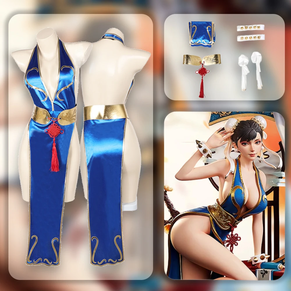 

Game Cos Chunli Cosplay Costume Outfits Fantasy Sexy Cheongsam Accessories Halloween Carnival Suit For Adult Women Girl Roleplay