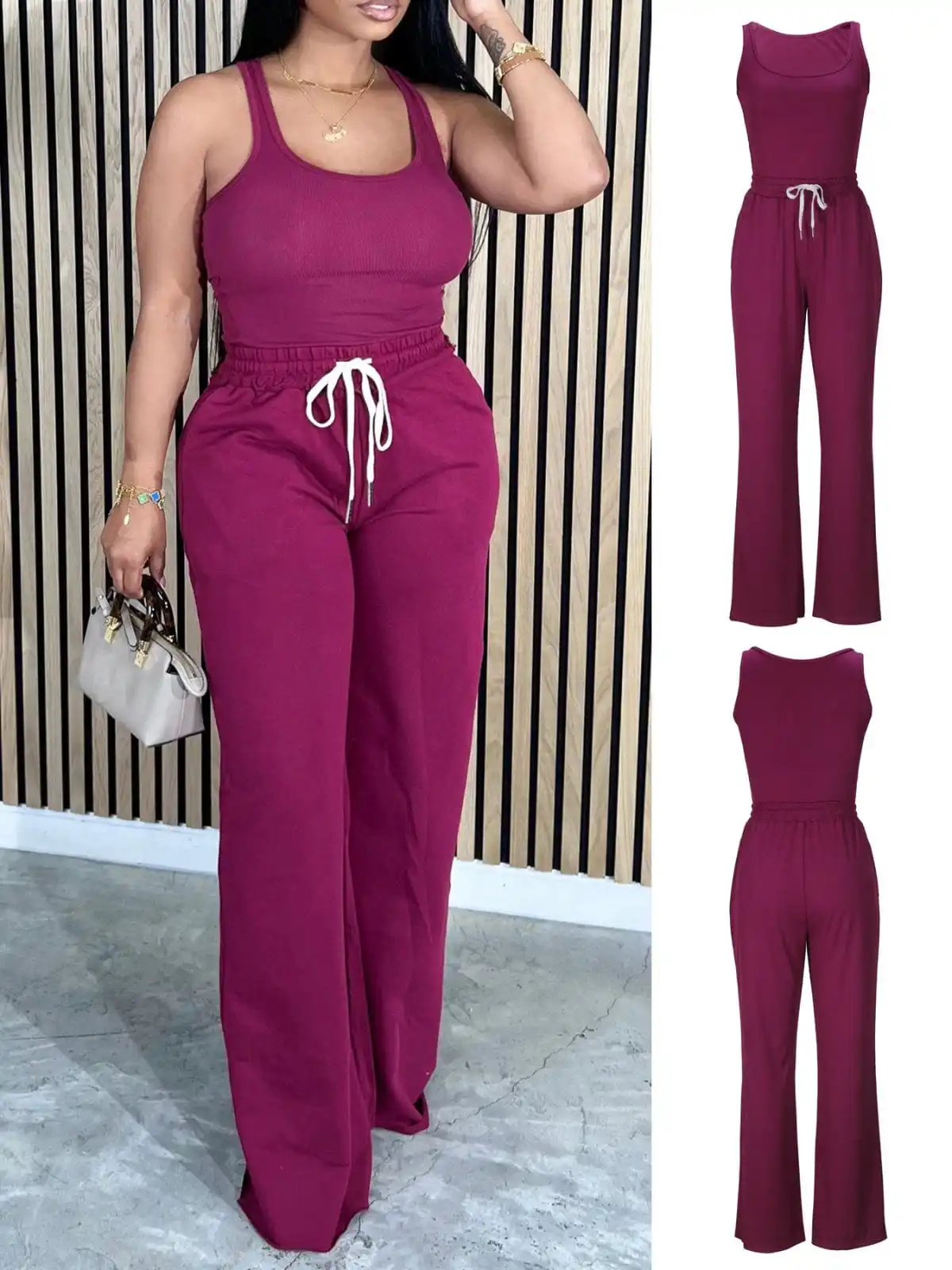 

Women's Ribbed Sleeveless Top And Drawstring Waist Wide Leg Pants Set Casual Summer Outfit