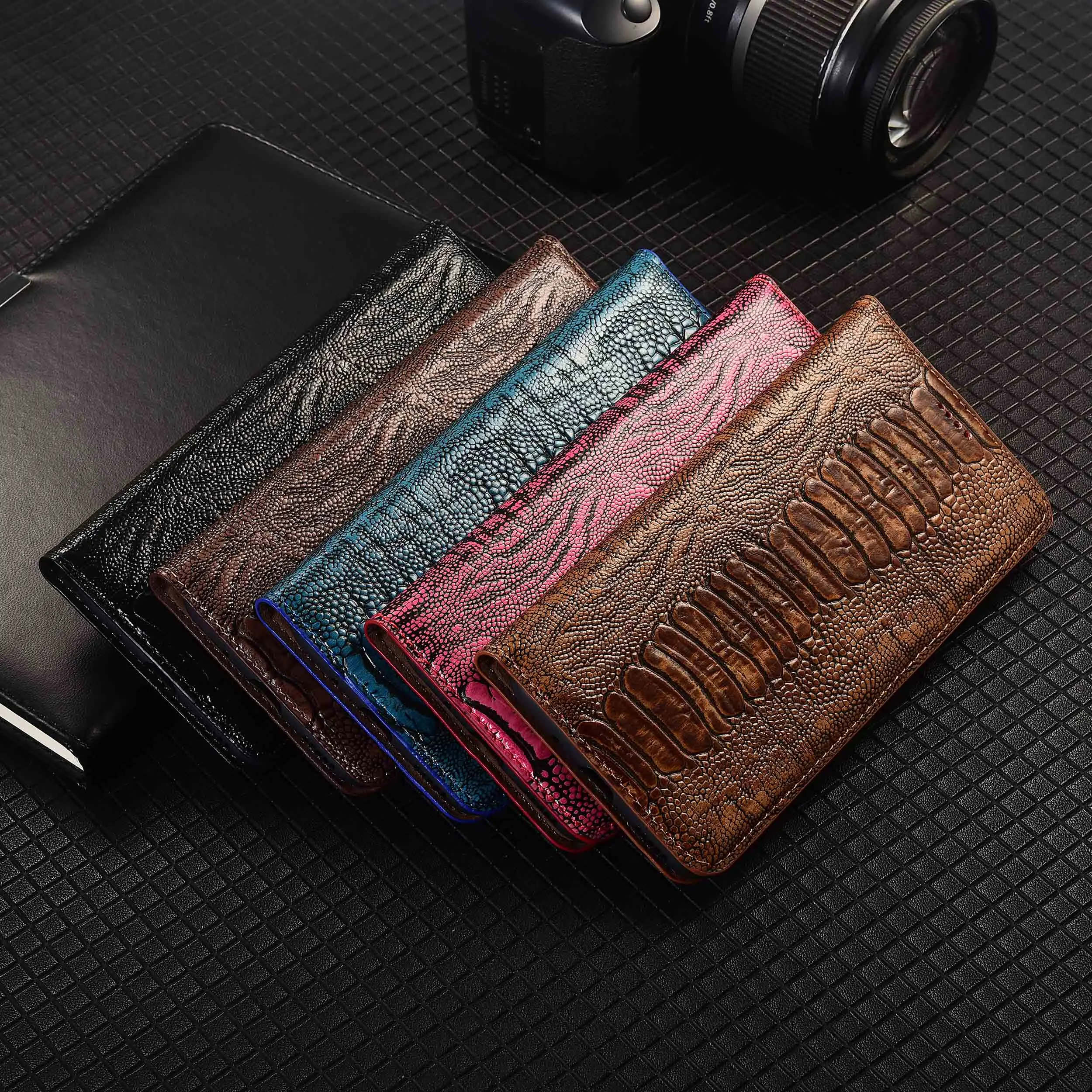 ل Xiaomi Poco M3 M4 M5 M5S M6 M7 Pro Plus 4G 5G أقدام النعامة نمط محفظة جلدية حقيقية الوجه غطاء الهاتف حالة عدم الانزلاق