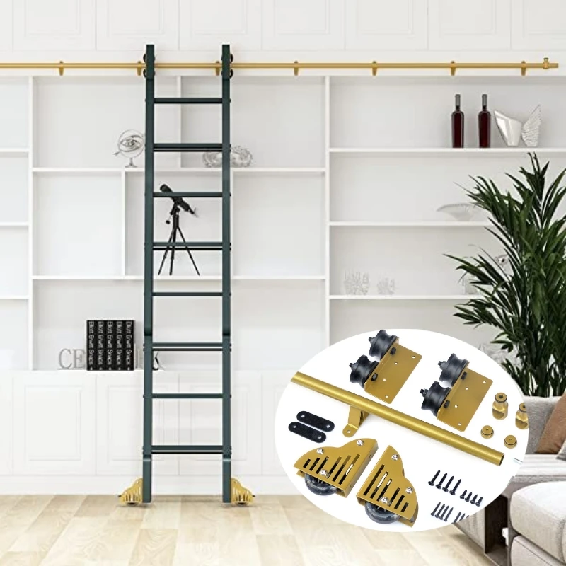 

10FT(300cm) Sliding Library Hardware Kit-Gold,Round Tube Rolling Ladder Track No Ladder， Floor Roller with Brake,for Indoor