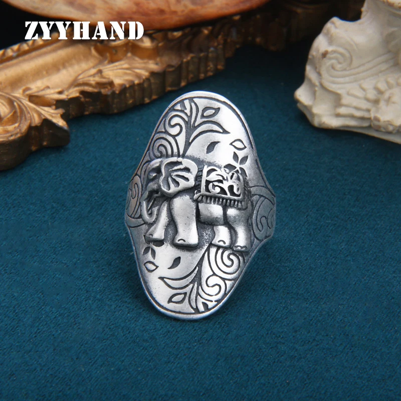 

S999 Sterling Silver Free Size Women Rings Thailand Handmade Elephant Flower Matt Adjustable Finger Fine Jewelry FYRNG077