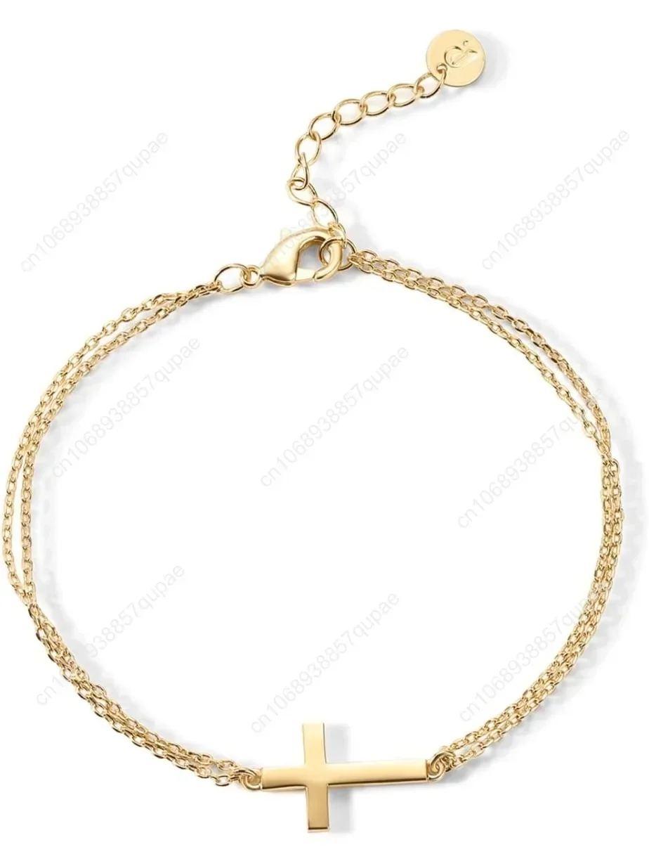 

14K Gold Plated Sideways Cross Bracelet for Women | Religious Cubic Zirconia Station Bracelet | Confirmation Gift