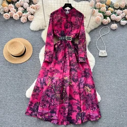 Chic Floral Print Elegant Long Sleeve with Belt Dress A-line High Waist  Vacation Party Women Autumn Spring Vestidos