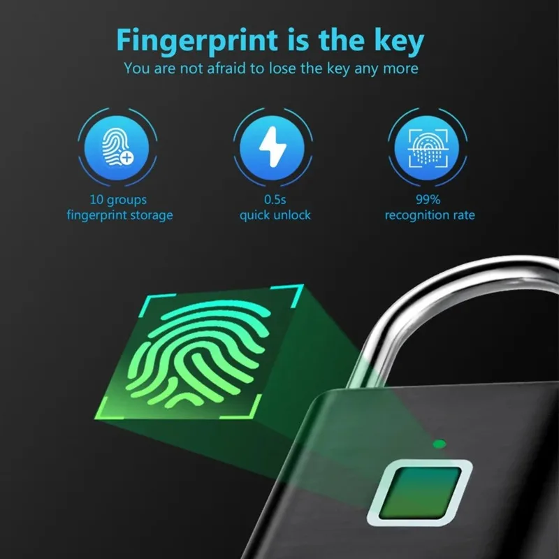 Keyless USB Charging Fingerprint Lock Smart Padlock Waterproof 0.2s Unlock Portable Anti-theft Electronic DoorLock Zinc