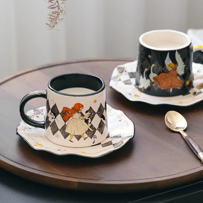 Coffee Cup and Saucer Set Elegant Girl Ceramic Mug Cute Retro Afternoon Tea Latte  Drinking Cup Dessert Dish Holiday Gift