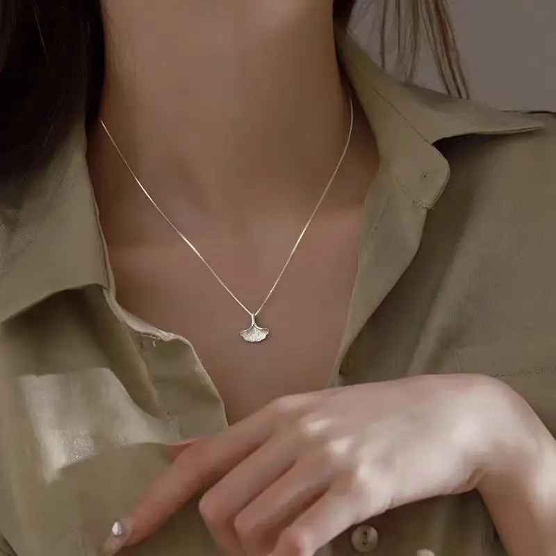 S925 Women's Fashion Simple Ginkgo Leaf Fan-Shaped Leaf Fresh Versatile Personality Necklace Accessories