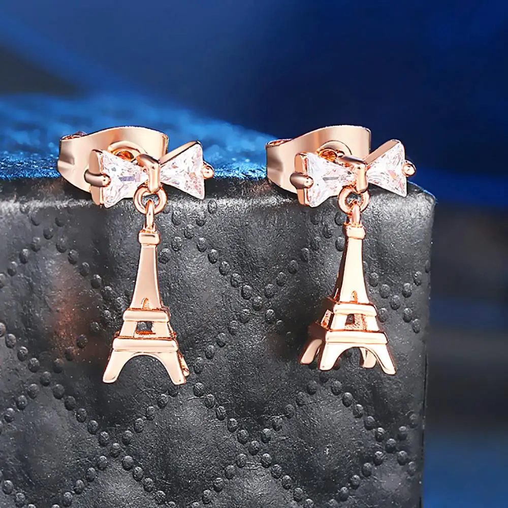 Eiffel Tower Earrings for Women Unique Bowknot Crystal Rose Gold Color Dangle Ear Rings Accessories Fashion Jewelry DZE003