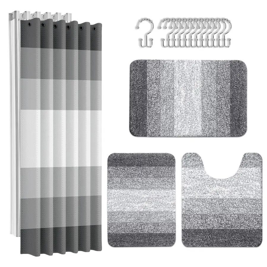 

Grey Stripes Bathroom Sets with Shower Curtain and Rugs, Ombre Modern Minimalist Striped Waterproof Shower Curtain Liner and Sof