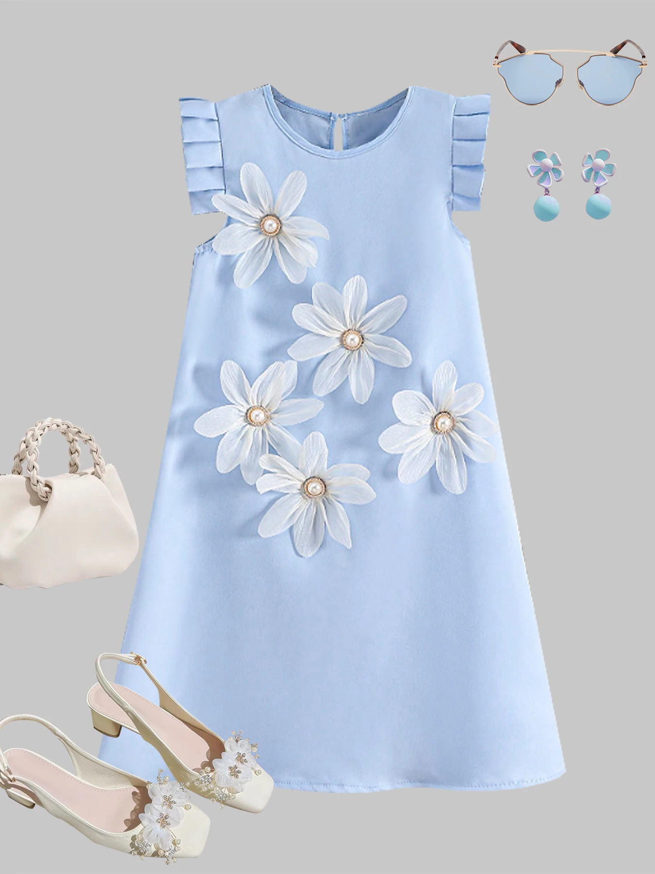 

Весенне-летнее платье для девочек в милом стиле с круглым вырезом и цветочным декором, синее, без рукавов