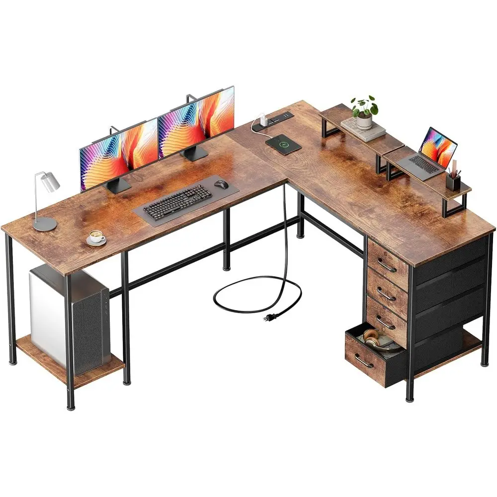 66 L-Shaped Computer Desk with Power Outlets, 4 Adjustable Shelves, 2 Monitor Stands, Rustic Brown