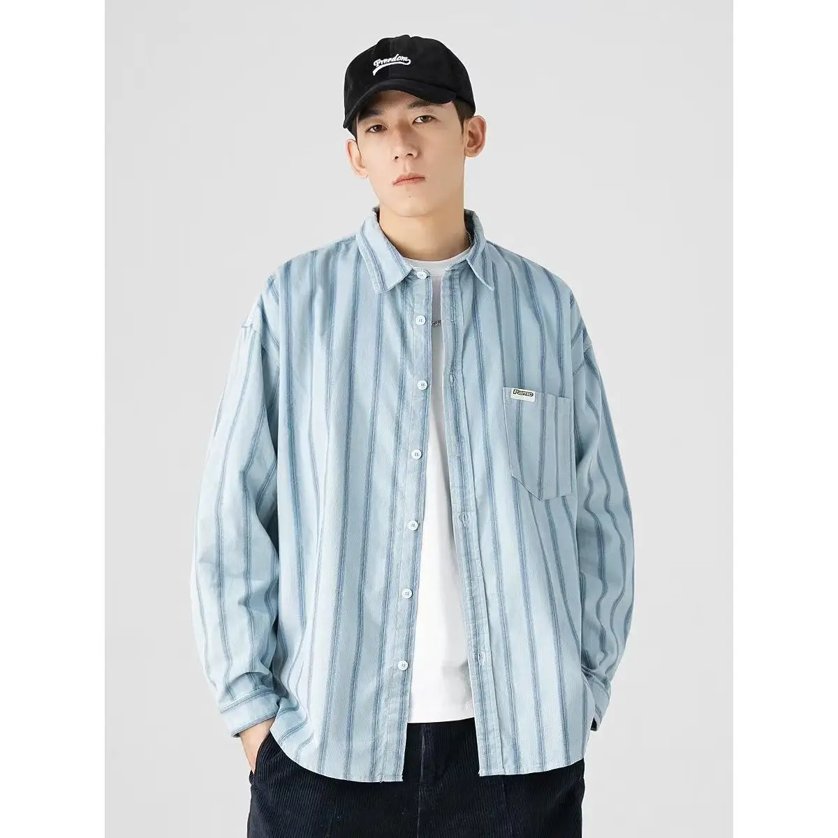 

Premium Stripe Men's Long Sleeve Shirt Casual Versatile Loose Fit Spring Autumn Polyester Fiber Standard Style Cityboy Trend