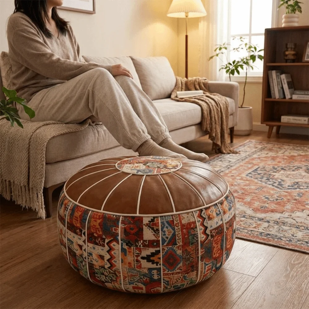 Leather Boho Seat Cushion Cover Embroider Craft Unstuffed Sofa Stool Cover Large Capacity Waterproof Pumpkin Pouf Cover