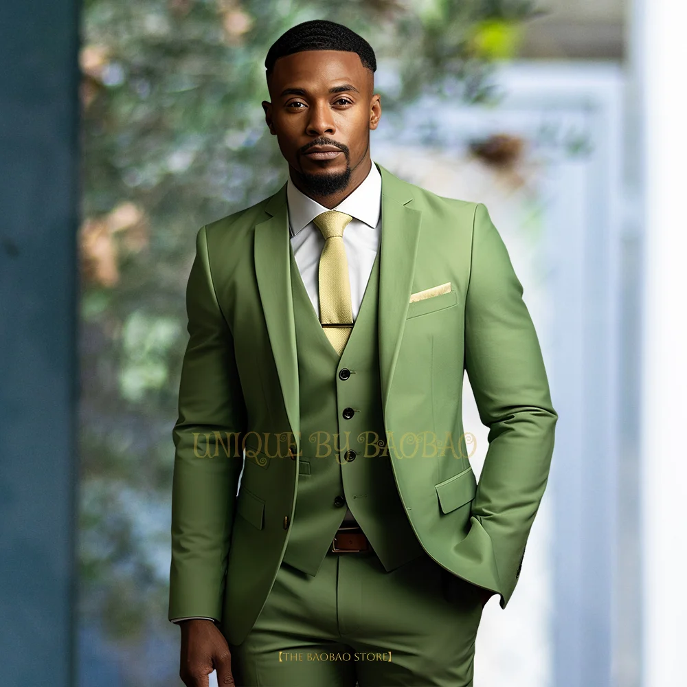 

Men's army green 3-piece suit (jacket+vest+pants) single breasted solid color slim fit wedding cocktail banquet evening dress