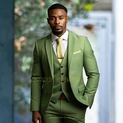 Traje de 3 piezas verde militar para hombre, chaqueta + chaleco + Pantalones, botonadura única, color sólido, ajustado, vestido de noche para Banquete de cóctel de boda