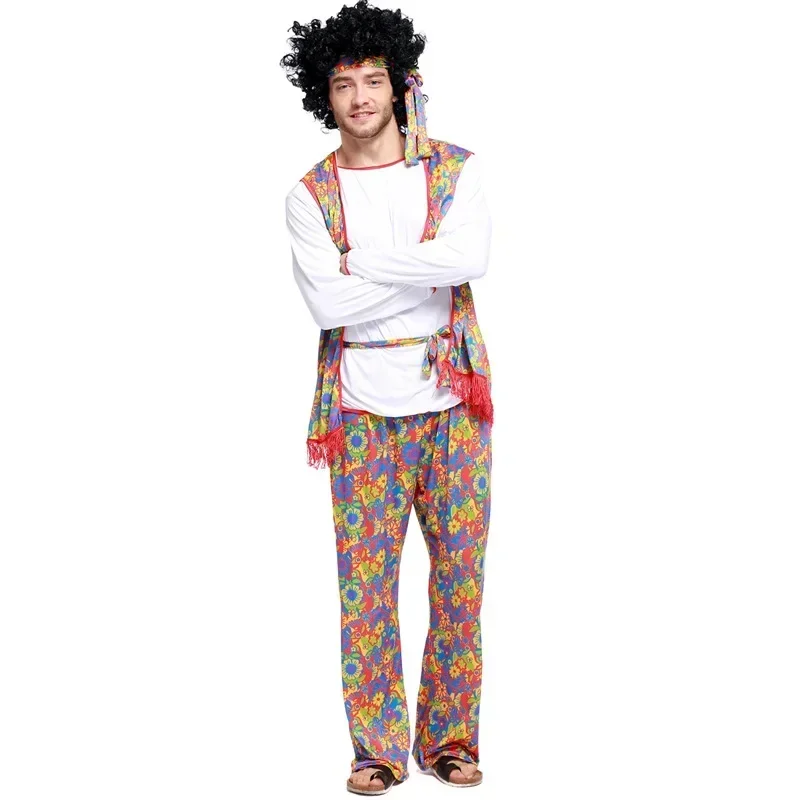 Halloween Adult Man Retro 60s 70s Hippie Costume Rock Disco Hippies Cosplay Fancy Dress Suit