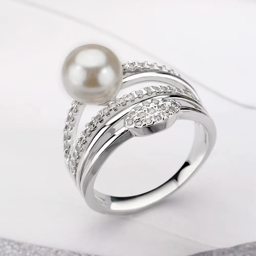 New Style  Natural Freshwater Pearl Ring Inlay Cubic zirconia South Sea Shell Pearl Fashion Rings For Women Jewelry Gift