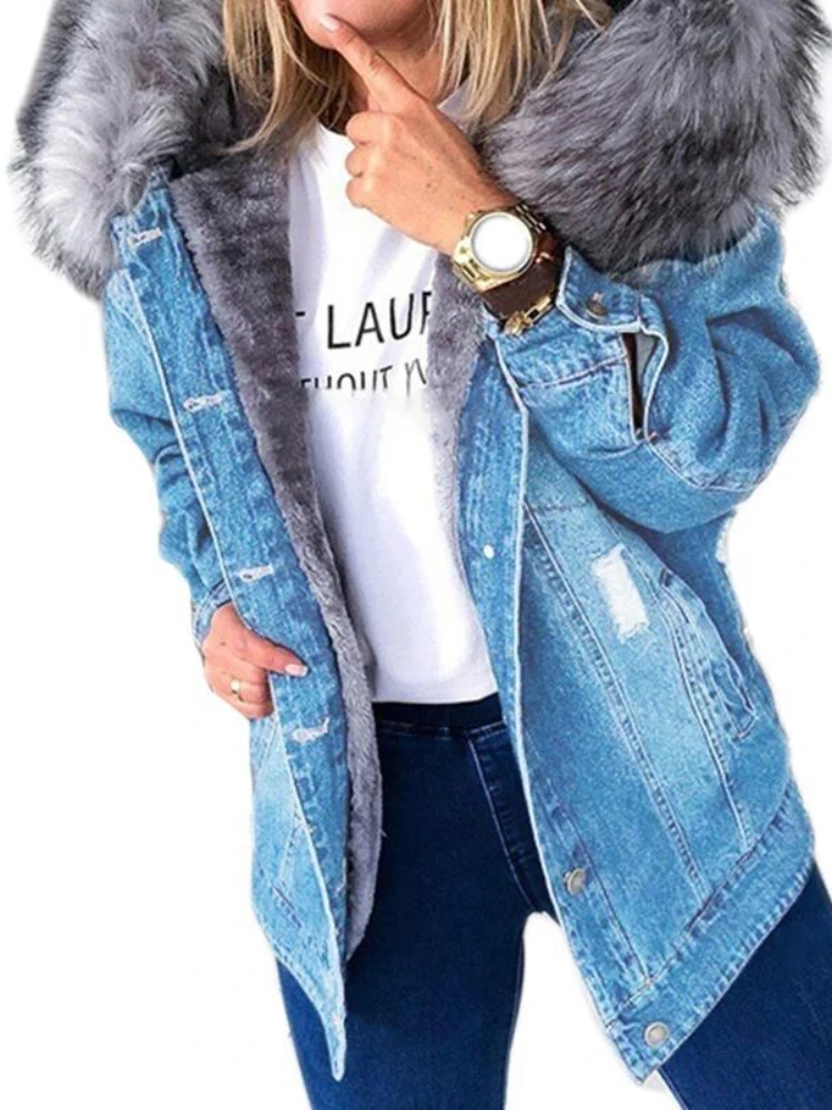 Winter Fur Jacket Women Denim Coats Faux Hooded Jean Thick Long Sleeve Frayed Overcoat Outwear Vintage Cotton Female Coat