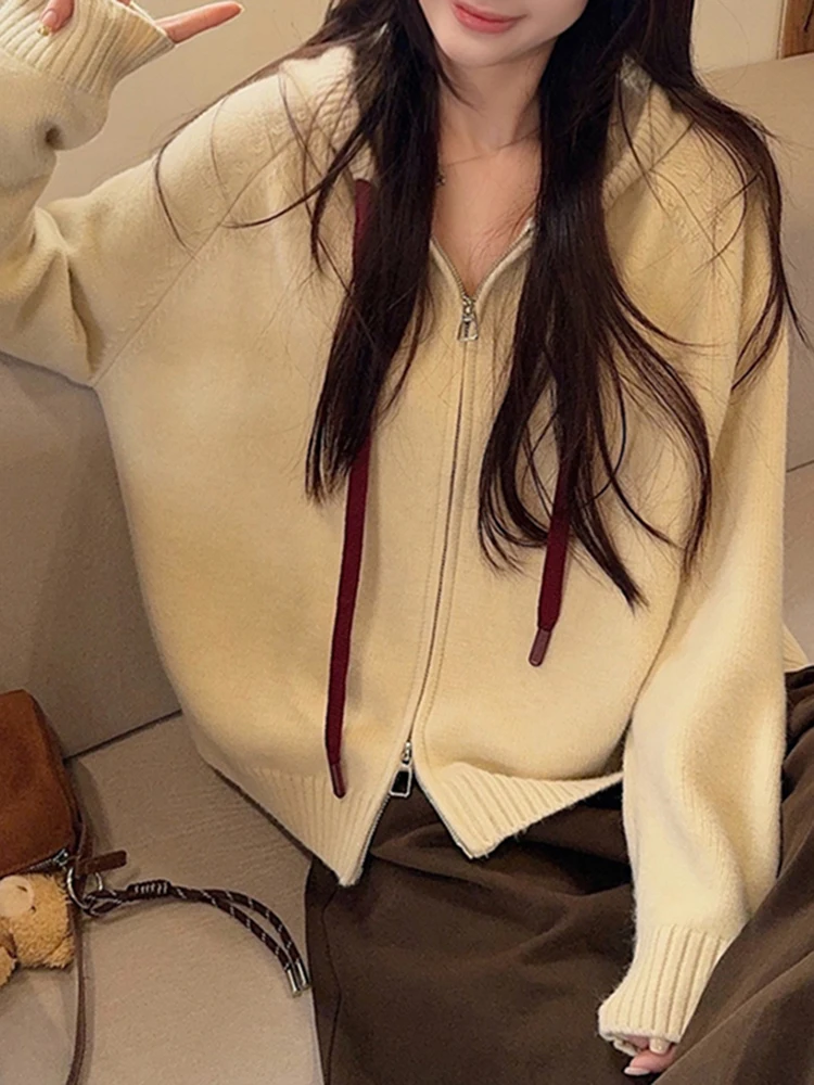 Ladies' Loose Fit Zipper Knitted Hoodie Outerwear Autumn Winter Casual Sle Long Sve Thiened Sweater Coat for Women