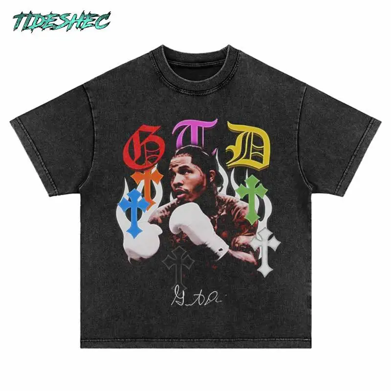 Men Oversized T-Shirt Hip Hop Alphabet Boxer Print Washed Tshirt Harajuku Fashion Punk Gothic Loose Tee 2024 Summer Casual Tops