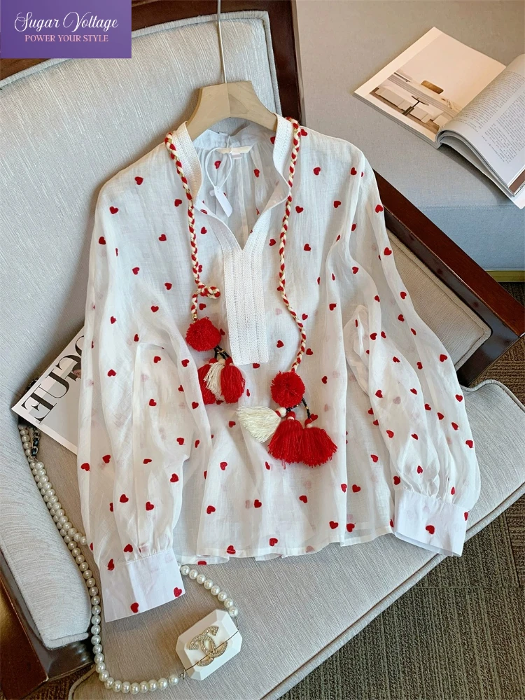 

Женская льняная блузка с красным сердечком и вышивкой, ранняя осень, дизайнерские топы с длинными рукавами и завязками, элегантная милая корейская шикарная эстетичная рубашка