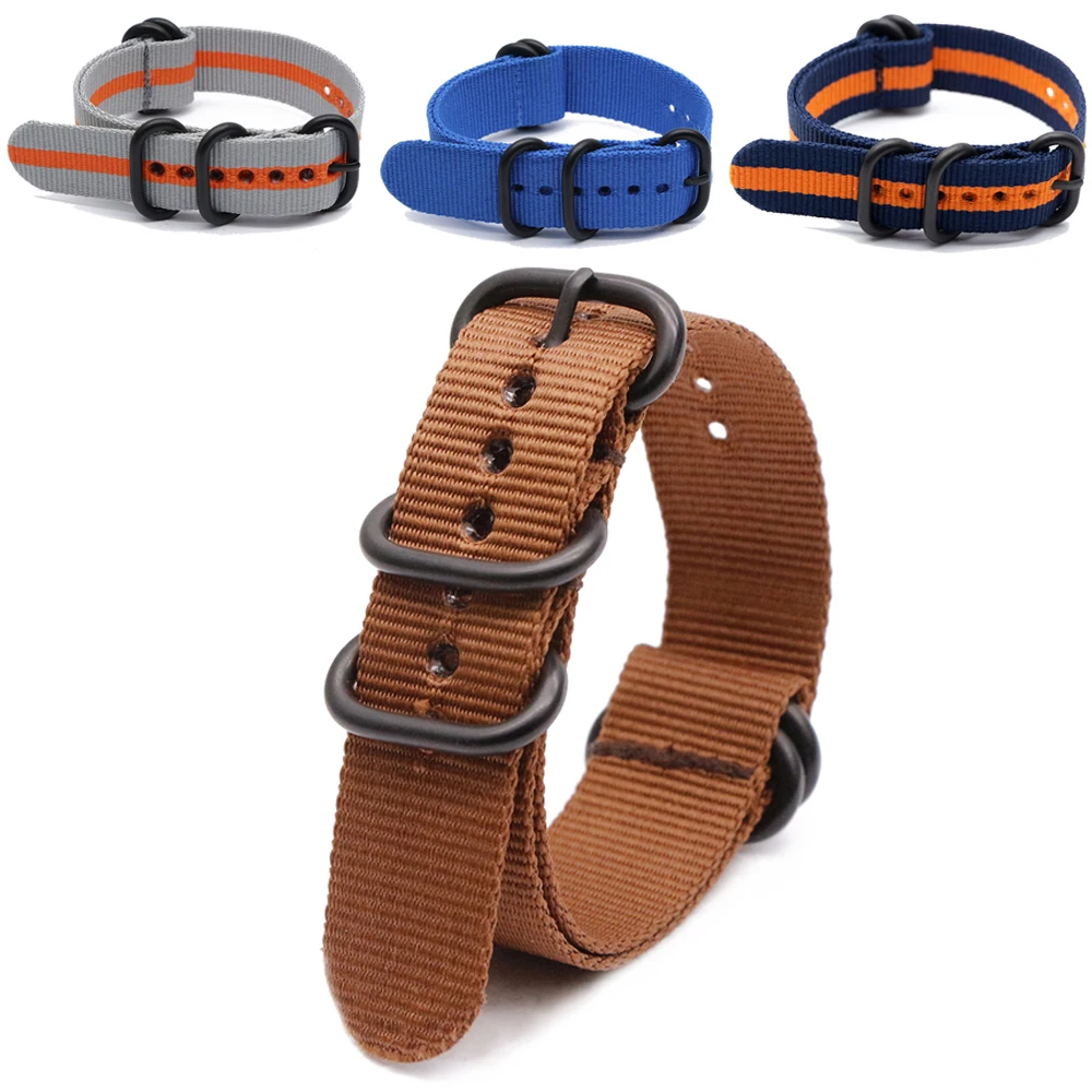 3  Army Sports Wristband for Watch Strap Nylon Cloth Stripe Bracelet with Black Heavy Ring Buckle for 18mm 20mm 22mm 24mm