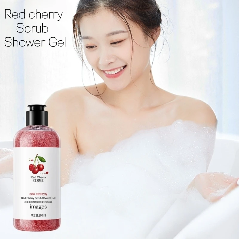 Gel de ducha exfoliante de piel de cereza roja de 300 ml, extracto de fruta de cereza y otros ingredientes, con fragancia fresca y de larga duración
