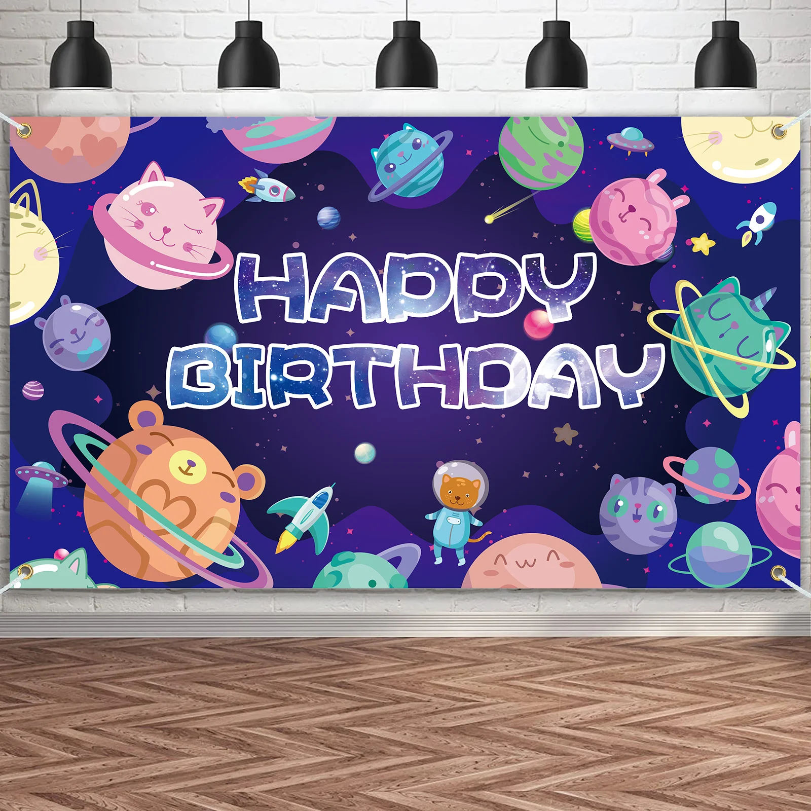 Space Happy Birthday Banner Backdrop Decorations Outer Space Birthday Party Supplies for Cat kitty Planet Galaxy Space Astrology