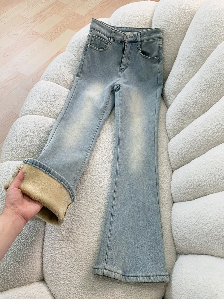 

Fce Lined Thiened Bell Bot Jeans Женские осенне-зимние брюки больших размеров с высокой талией и эластичной резинкой для похудения Pear aped Bell Leg Pants