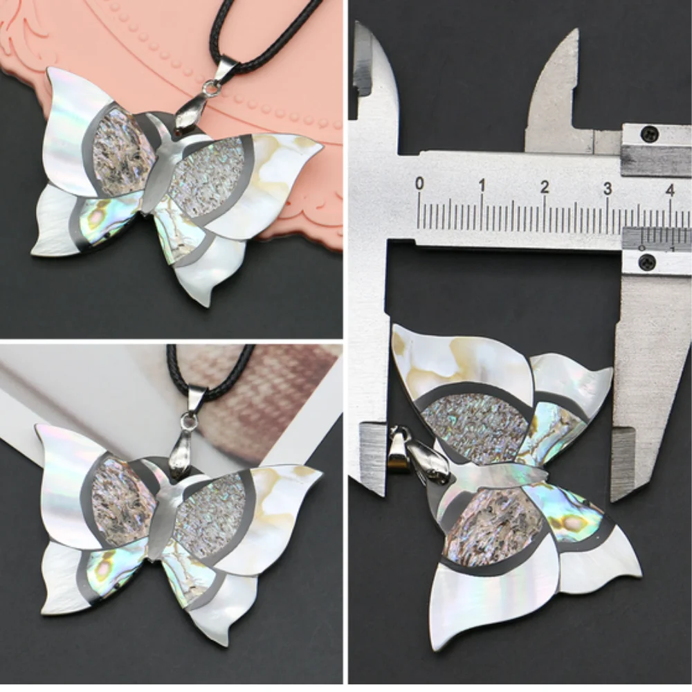 

1 Pc Butterfly Shape Pendants Necklace Single-sided Natural Shell Splicing Charms Neck Ornament with Black Leather Rope Chain
