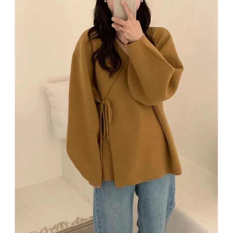 High quality and temperament sweater cardigan women clothing 2023 autumn/winter diagonal placket tied knit cardigan female