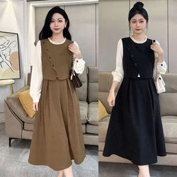 Spring French Patchwork Shirt Vest Fake Two Pieces Dresses Women O-Neck Button Lace Temperament Long Sleeve A-line Midi Dress