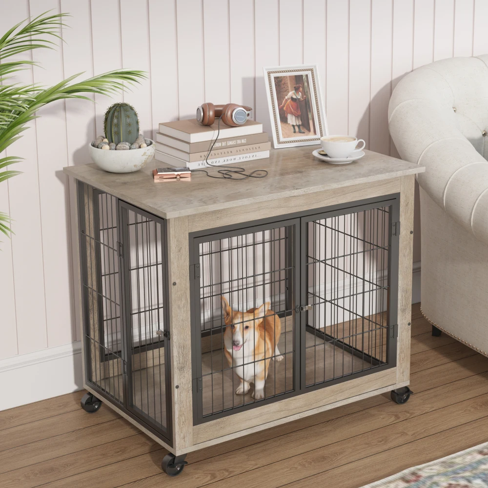 Furniture Dog Cage Crate with Double Doors on Casters Grey Dog Kennel Lockable Wheels Dome Design31'' W X 22'' D X 25'' H