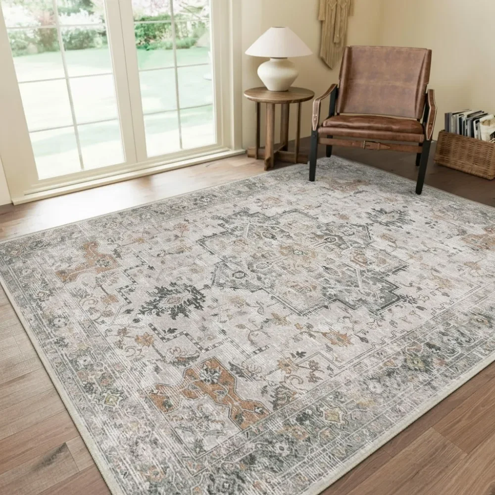 

5x7 Washable Non-Slip Vintage Area Rug, Low Pile Lightweight Chenille for Living Room Bedroom Dining Office